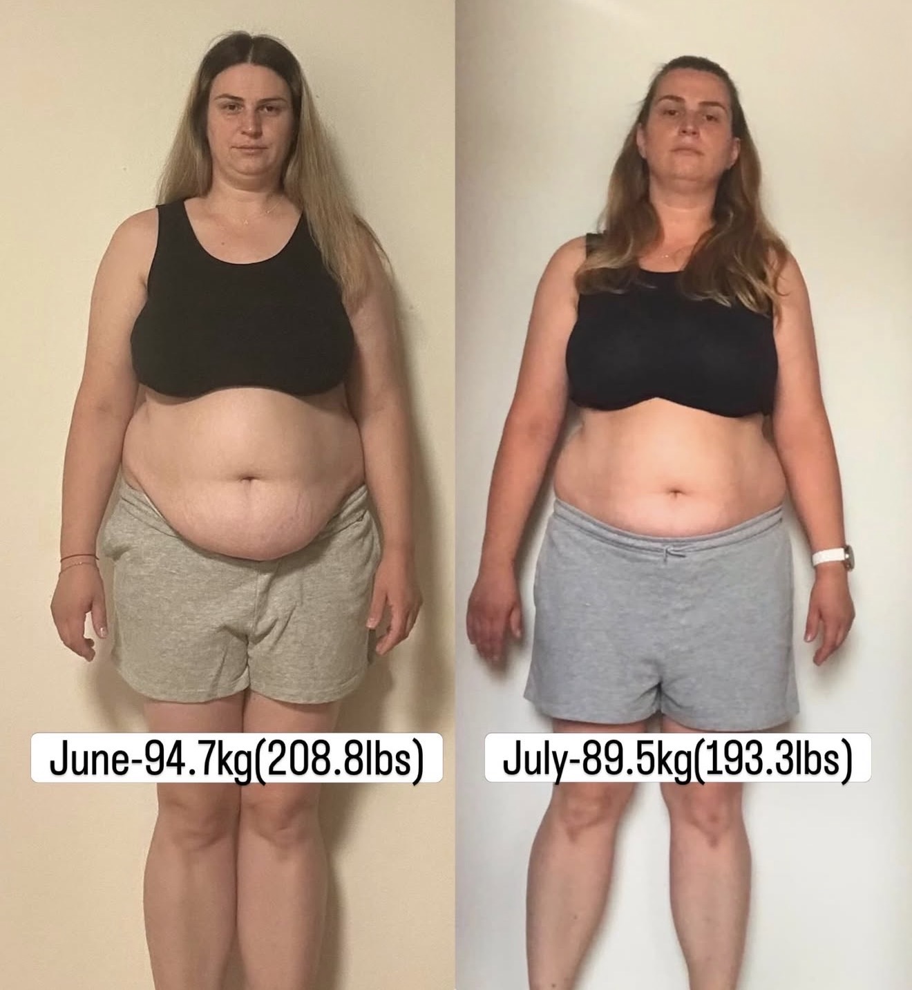 Client progress photo, front view, showing weight change over one month of coaching