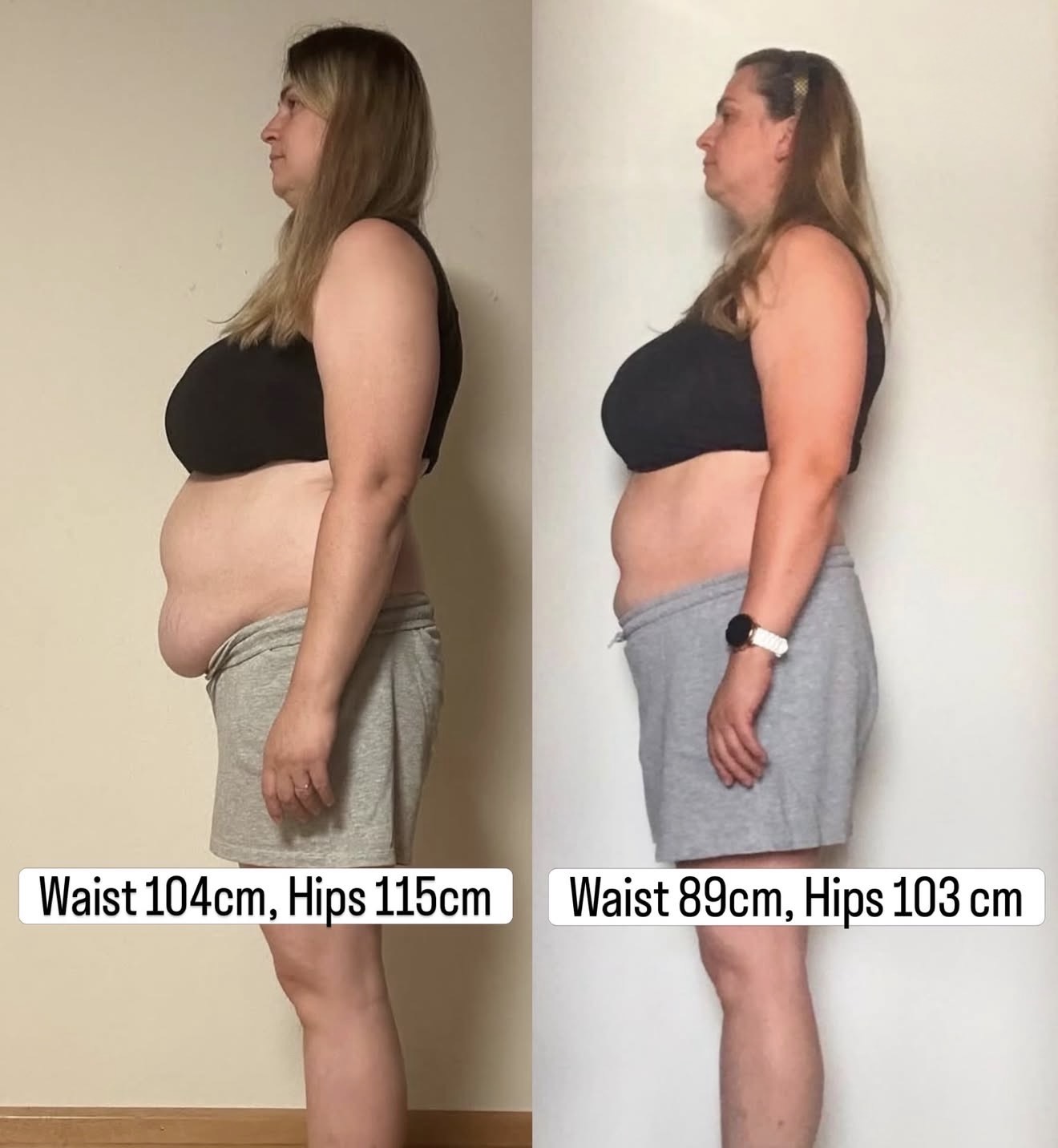 Client progress photo, side view, showing waist and hip measurement changes over one month of coaching